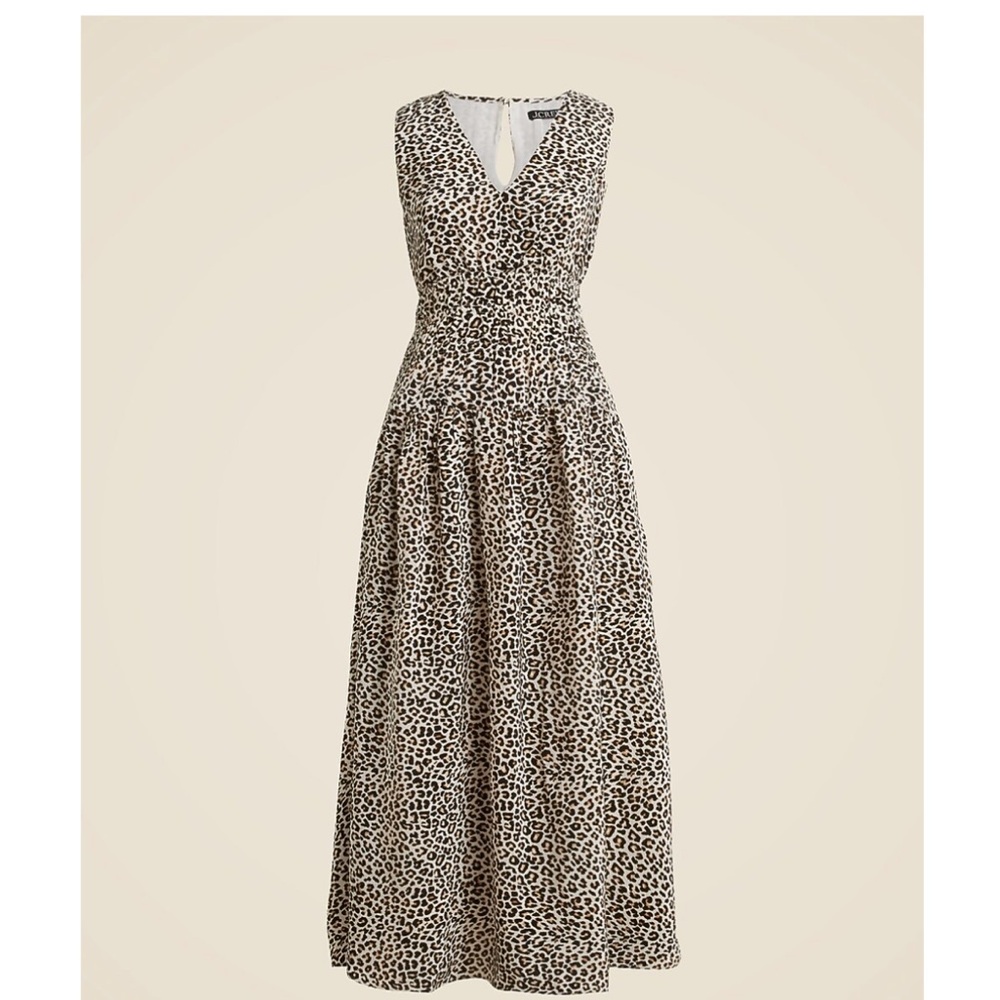 NWT J Crew Sleeveless Leopard Print V-Neck Midi Dress with Side Pockets